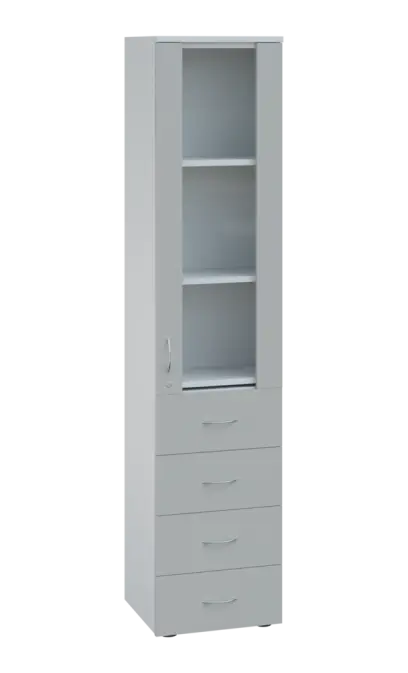 LE - 44 skříň léková prosklená, pravá, korpus bílý, dvířka šedá